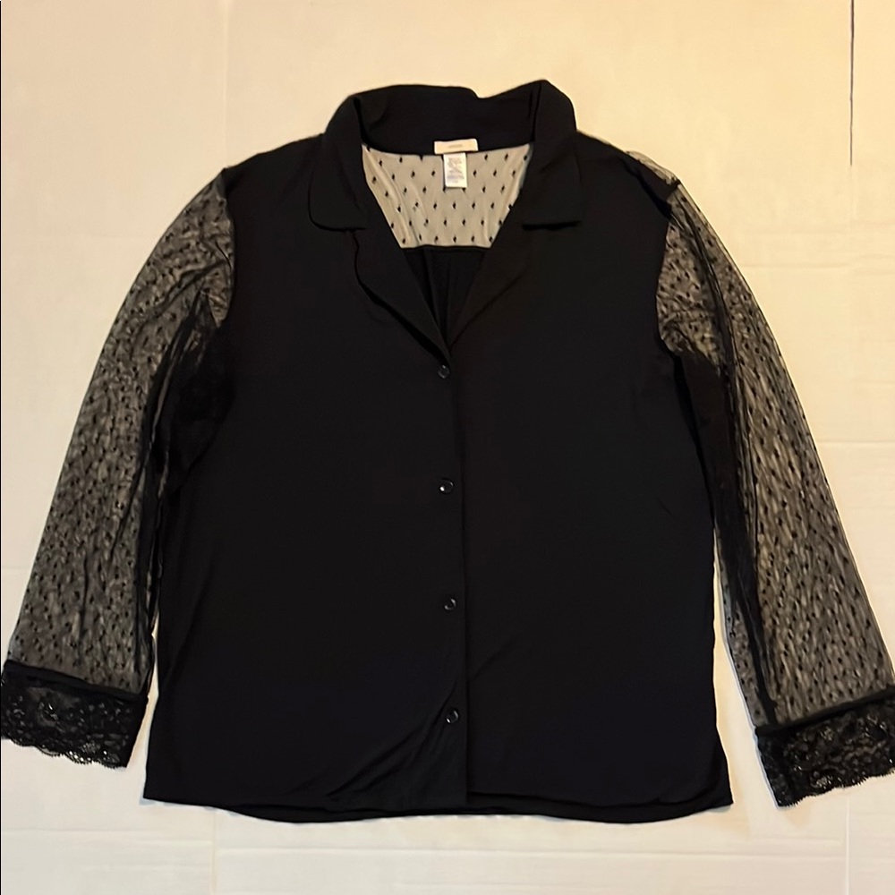 Eberjey Sleepwear Top Womens Size L Black Buttondown Lace Mesh Sheer Whimsigoth